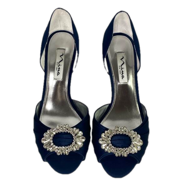 NINA CORRINE NAVY SATIN JEWELED MID-HEEL D'ORSAY CLASSIC EVENING PUMP SKU0779 - Picture 1 of 14